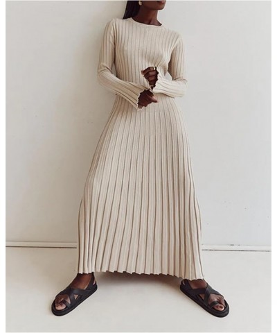 Crew Neck Sleeved Knit Midi Dress, Women Long Sleeve Elegant Bodycon Ribbed Dresses, Fall Slim Fit Sweater Long Dress Stone $...