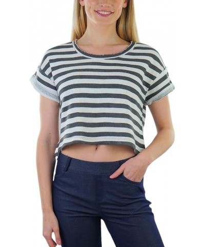 Women's French Terry Short Sleeve Striped Crop Top Charcoal/Ivory $8.98 Others