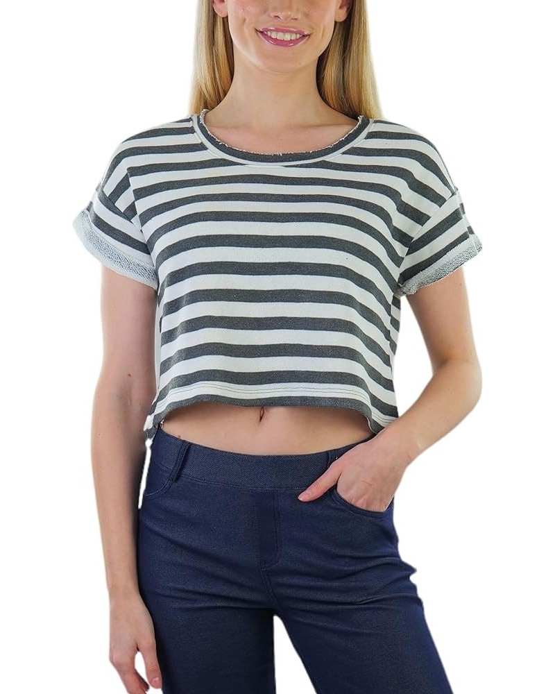 Women's French Terry Short Sleeve Striped Crop Top Charcoal/Ivory $8.98 Others