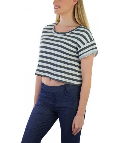 Women's French Terry Short Sleeve Striped Crop Top Charcoal/Ivory $8.98 Others