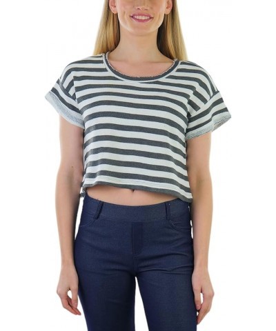 Women's French Terry Short Sleeve Striped Crop Top Charcoal/Ivory $8.98 Others