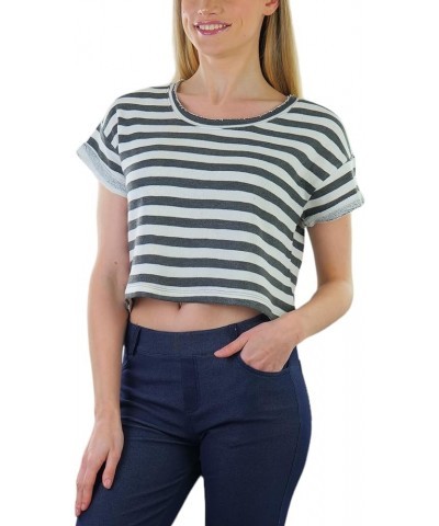 Women's French Terry Short Sleeve Striped Crop Top Charcoal/Ivory $8.98 Others