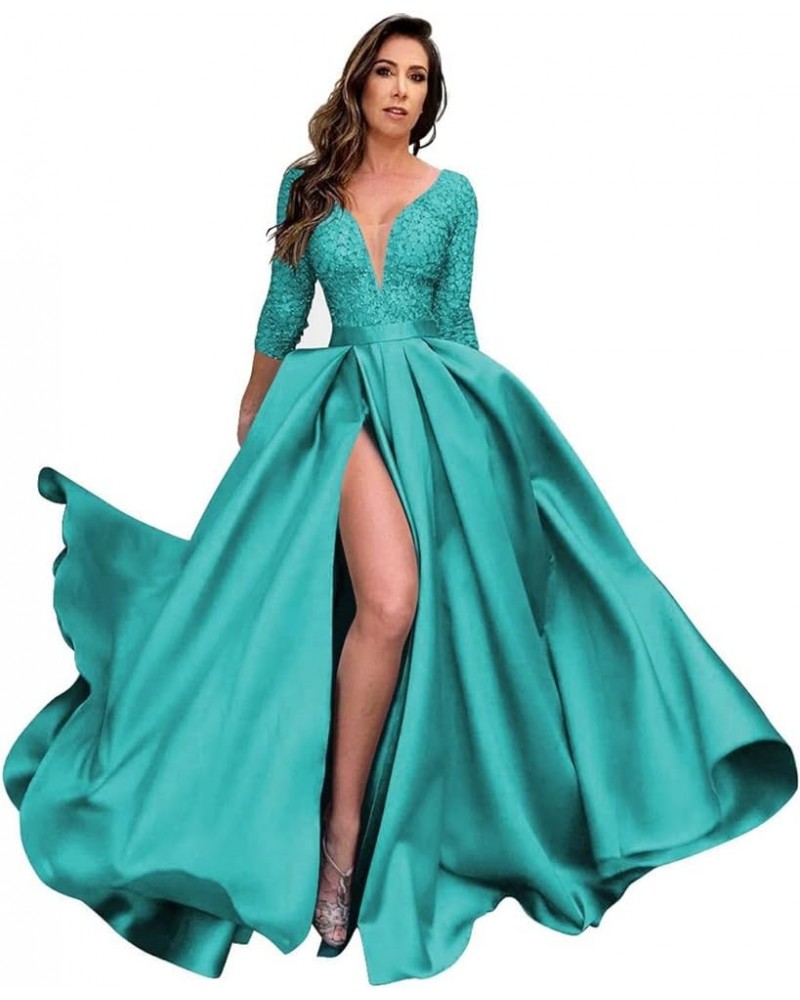 V Neck Long Prom Dresses with Pocket Lace Satin Ball Gown 3/4 Sleeves Formal Party Gowns with Slit Turquoise $46.45 Dresses