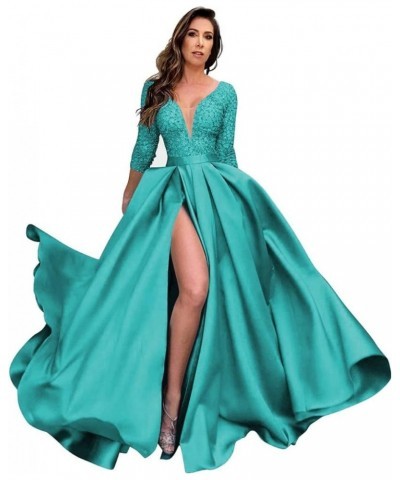 V Neck Long Prom Dresses with Pocket Lace Satin Ball Gown 3/4 Sleeves Formal Party Gowns with Slit Turquoise $46.45 Dresses