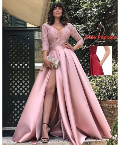 V Neck Long Prom Dresses with Pocket Lace Satin Ball Gown 3/4 Sleeves Formal Party Gowns with Slit Turquoise $46.45 Dresses