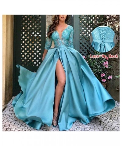 V Neck Long Prom Dresses with Pocket Lace Satin Ball Gown 3/4 Sleeves Formal Party Gowns with Slit Turquoise $46.45 Dresses