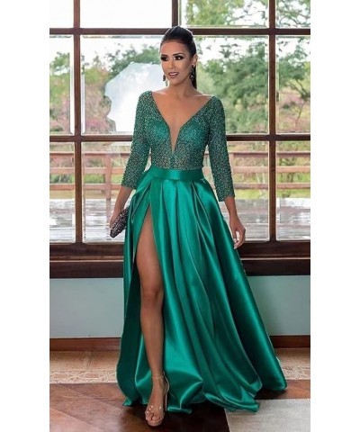 V Neck Long Prom Dresses with Pocket Lace Satin Ball Gown 3/4 Sleeves Formal Party Gowns with Slit Turquoise $46.45 Dresses