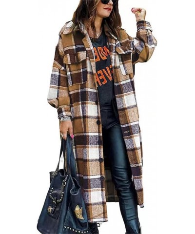 Women's Lounge Lapel Button Up Long Sleeve Plaid Long Shirt Jacket Shacket 2024 Casual Woolen Coats C-khaki $10.91 Coats