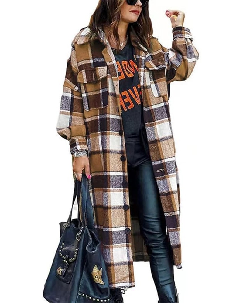 Women's Lounge Lapel Button Up Long Sleeve Plaid Long Shirt Jacket Shacket 2024 Casual Woolen Coats C-khaki $10.91 Coats