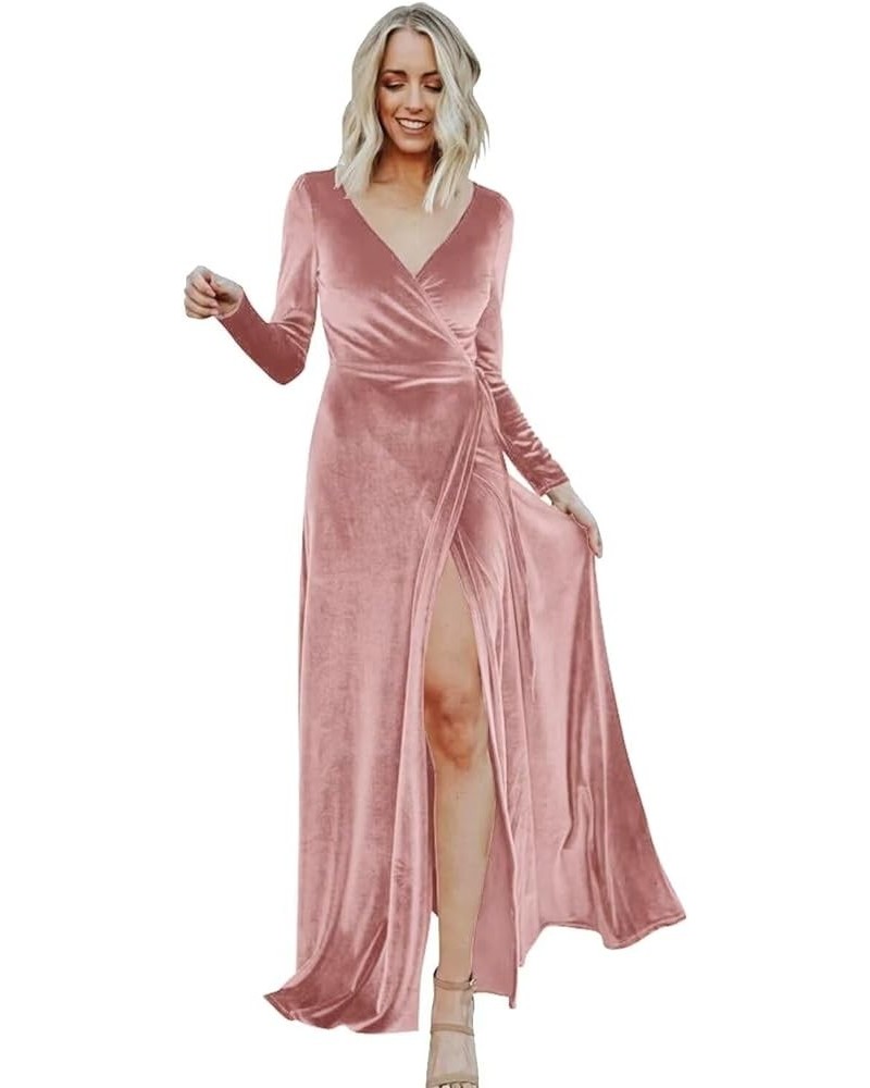 Women's Long Sleeve Bridesmaid Dresses for Wedding Retro Velvet V Neck Wrap Formal Party Dress with Slit Blush Pink $31.89 Dr...