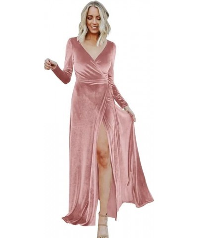 Women's Long Sleeve Bridesmaid Dresses for Wedding Retro Velvet V Neck Wrap Formal Party Dress with Slit Blush Pink $31.89 Dr...