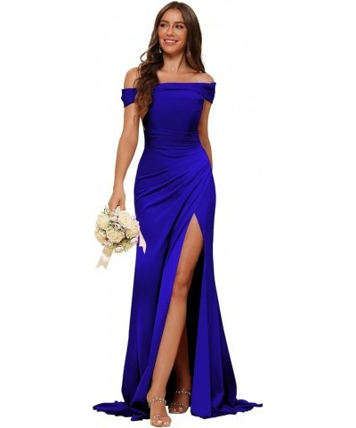 Women's Satin Bridesmaid Dresses Long Mermaid Ruched Off The Shoulder Formal Party Dresses with Slit XOD068 Royal Blue $40.49...