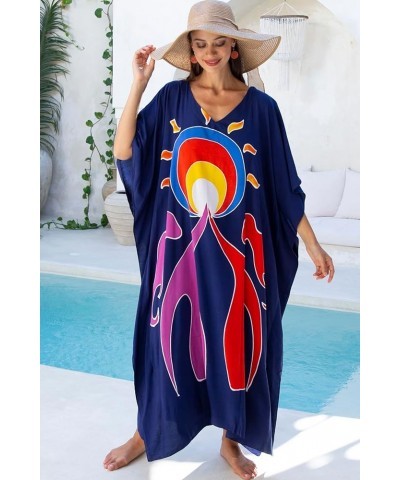 Womens Hand Painted Long Caftan Dress for Loungewear, Swimwear Cover Up, Everyday Wear - Loose Rayon Maxi Butterfly Dancer Re...