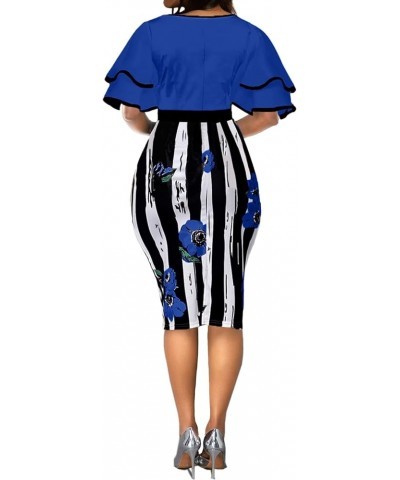 Pencil Dress for Women Bodycon Elegant Patchwork African Print Peplum Church Dresses 2023 Party Stripe Blue $15.50 Dresses