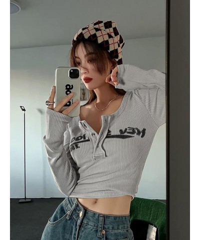 Women's Y2K Ribbed Knit Long Sleeve Crop Top, Round Neck Vintage Graphic Print T-Shirt F Grey $14.49 T-Shirts