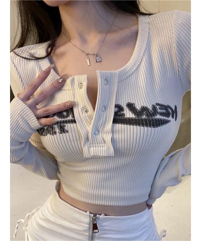 Women's Y2K Ribbed Knit Long Sleeve Crop Top, Round Neck Vintage Graphic Print T-Shirt F Grey $14.49 T-Shirts