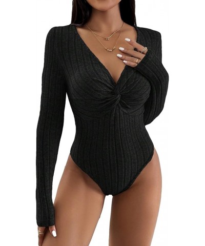 Women's Ribbed Knit V Neck Long Sleeve Twist Front Bodysuit Shirt Top Petite Black $14.21 Bodysuits