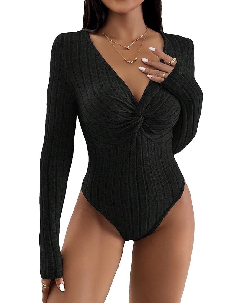 Women's Ribbed Knit V Neck Long Sleeve Twist Front Bodysuit Shirt Top Petite Black $14.21 Bodysuits