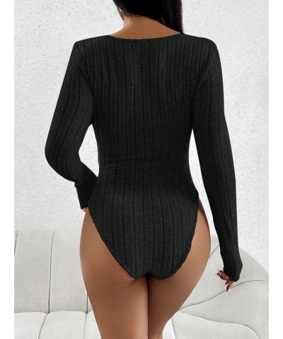 Women's Ribbed Knit V Neck Long Sleeve Twist Front Bodysuit Shirt Top Petite Black $14.21 Bodysuits