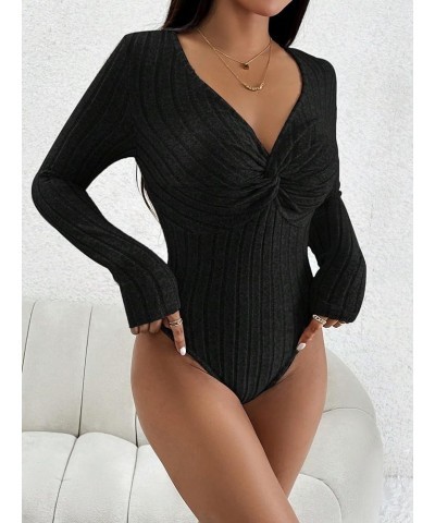 Women's Ribbed Knit V Neck Long Sleeve Twist Front Bodysuit Shirt Top Petite Black $14.21 Bodysuits