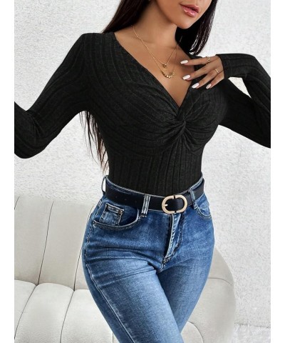 Women's Ribbed Knit V Neck Long Sleeve Twist Front Bodysuit Shirt Top Petite Black $14.21 Bodysuits