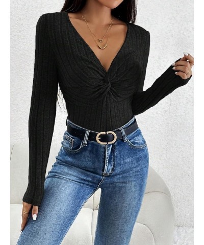 Women's Ribbed Knit V Neck Long Sleeve Twist Front Bodysuit Shirt Top Petite Black $14.21 Bodysuits