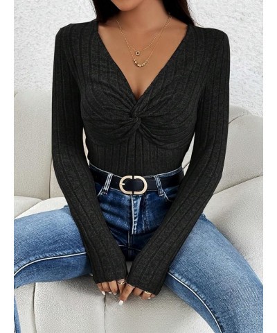 Women's Ribbed Knit V Neck Long Sleeve Twist Front Bodysuit Shirt Top Petite Black $14.21 Bodysuits