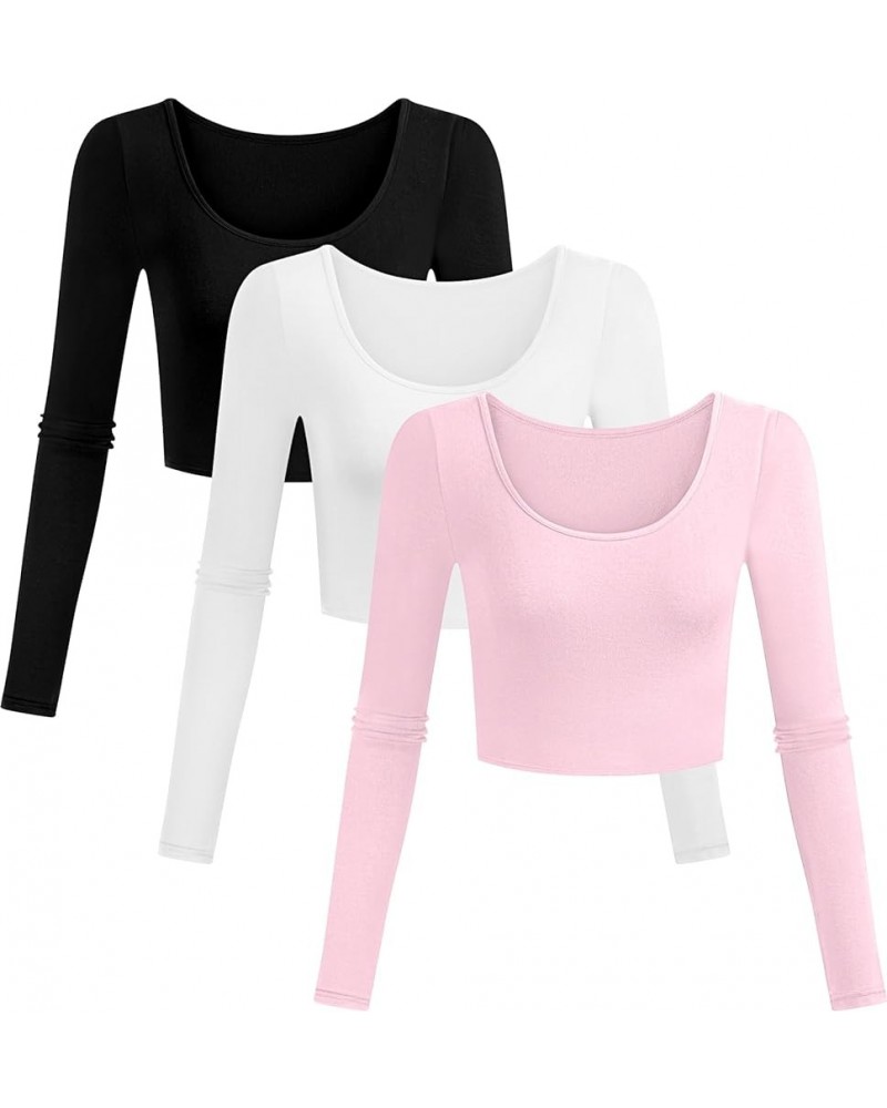 3 Pcs Women's Long Sleeve Basic Crop Tops Slim Fitted Scoop Neck Shirts Solid Casual Tee Top for Women Black, White, Pink $17...