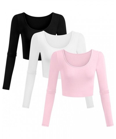 3 Pcs Women's Long Sleeve Basic Crop Tops Slim Fitted Scoop Neck Shirts Solid Casual Tee Top for Women Black, White, Pink $17...