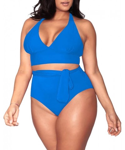 Women's Plus Size High Waisted Tummy Control Swimwear Swimsuit Full Coverage Wide-halter-strap Sky Blue $15.91 Swimsuits