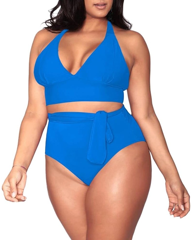 Women's Plus Size High Waisted Tummy Control Swimwear Swimsuit Full Coverage Wide-halter-strap Sky Blue $15.91 Swimsuits