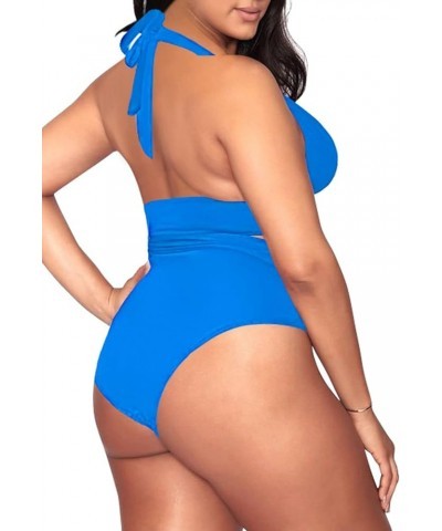 Women's Plus Size High Waisted Tummy Control Swimwear Swimsuit Full Coverage Wide-halter-strap Sky Blue $15.91 Swimsuits