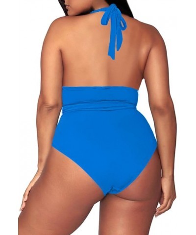 Women's Plus Size High Waisted Tummy Control Swimwear Swimsuit Full Coverage Wide-halter-strap Sky Blue $15.91 Swimsuits