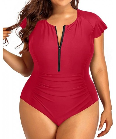 Plus Size One Piece Swimsuit for Women Tummy Control Cap Sleeves Bathing Suits Zipper Front Rash Guard Swimwear Red $22.54 Sw...