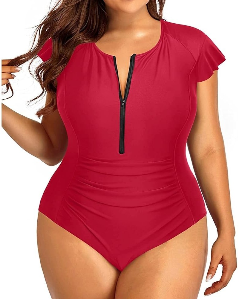 Plus Size One Piece Swimsuit for Women Tummy Control Cap Sleeves Bathing Suits Zipper Front Rash Guard Swimwear Red $22.54 Sw...