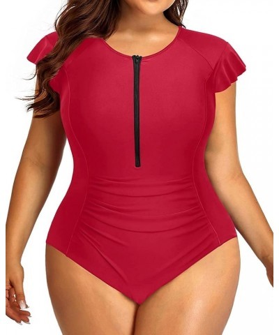 Plus Size One Piece Swimsuit for Women Tummy Control Cap Sleeves Bathing Suits Zipper Front Rash Guard Swimwear Red $22.54 Sw...