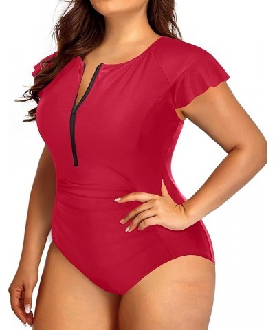 Plus Size One Piece Swimsuit for Women Tummy Control Cap Sleeves Bathing Suits Zipper Front Rash Guard Swimwear Red $22.54 Sw...