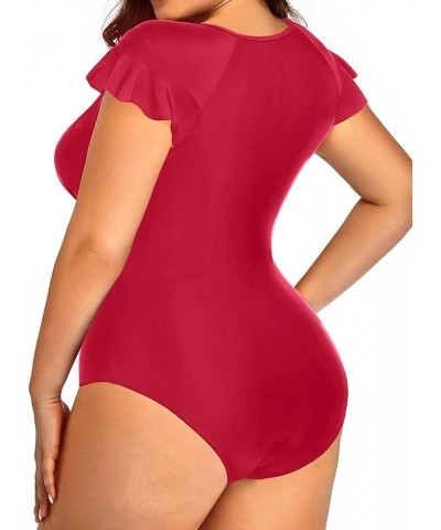 Plus Size One Piece Swimsuit for Women Tummy Control Cap Sleeves Bathing Suits Zipper Front Rash Guard Swimwear Red $22.54 Sw...