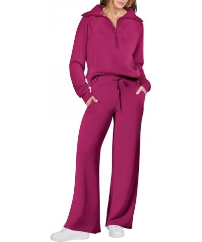 Women 2 Piece Outfits Sweatsuit Set 2023 Fall Oversized Half Zip Sweatshirt Wide Leg Sweatpant Lounge Set Tracksuit Hot Pink ...