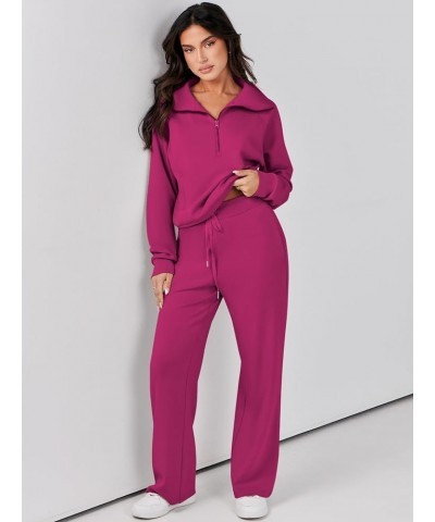 Women 2 Piece Outfits Sweatsuit Set 2023 Fall Oversized Half Zip Sweatshirt Wide Leg Sweatpant Lounge Set Tracksuit Hot Pink ...