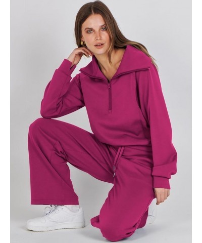 Women 2 Piece Outfits Sweatsuit Set 2023 Fall Oversized Half Zip Sweatshirt Wide Leg Sweatpant Lounge Set Tracksuit Hot Pink ...