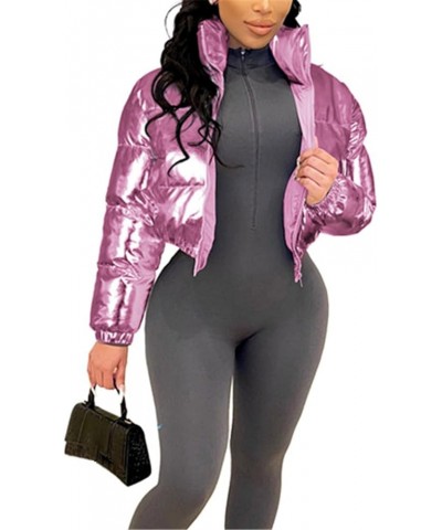 Women's Shiny Cropped Puffer Jacket Long Sleeve Solid Color Stand Neck Winter Down Coat Rose Red $24.98 Jackets