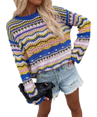 Women's O Neck Long Sleeve Striped Knitwear Lightweight Winter Knitted Rainbow Pullover Sweater N-blue $10.50 Sweaters