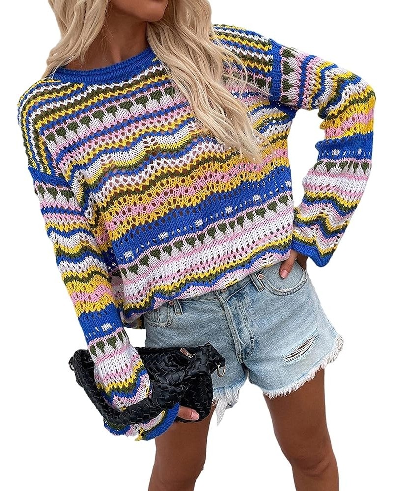 Women's O Neck Long Sleeve Striped Knitwear Lightweight Winter Knitted Rainbow Pullover Sweater N-blue $10.50 Sweaters