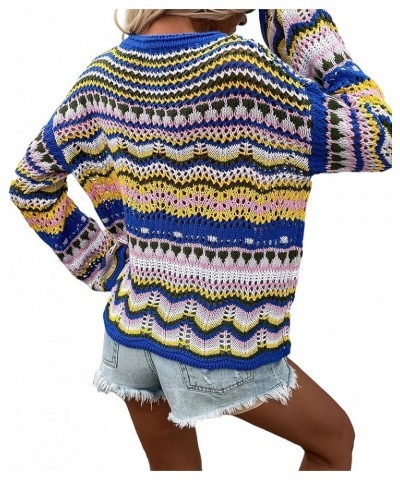 Women's O Neck Long Sleeve Striped Knitwear Lightweight Winter Knitted Rainbow Pullover Sweater N-blue $10.50 Sweaters