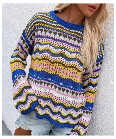 Women's O Neck Long Sleeve Striped Knitwear Lightweight Winter Knitted Rainbow Pullover Sweater N-blue $10.50 Sweaters