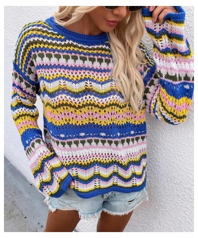 Women's O Neck Long Sleeve Striped Knitwear Lightweight Winter Knitted Rainbow Pullover Sweater N-blue $10.50 Sweaters