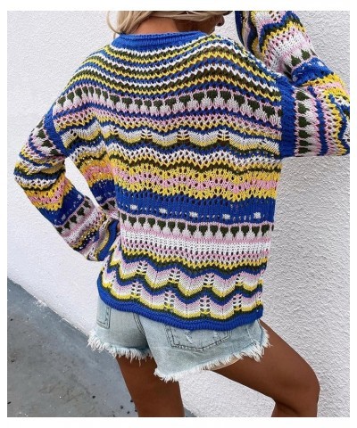 Women's O Neck Long Sleeve Striped Knitwear Lightweight Winter Knitted Rainbow Pullover Sweater N-blue $10.50 Sweaters