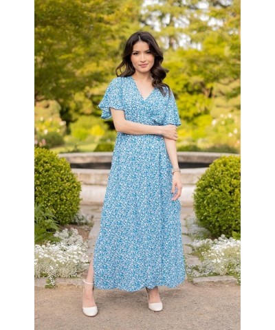 Women's Summer Maxi Dress Casual Boho Floral Wrap V Neck Short Sleeve Ruffle Split Flowy Long Beach Dresses with Belt Blue Wh...