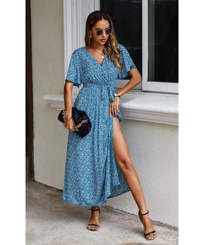 Women's Summer Maxi Dress Casual Boho Floral Wrap V Neck Short Sleeve Ruffle Split Flowy Long Beach Dresses with Belt Blue Wh...